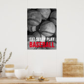 Eet Slaap Spelen Honkbal Zwart & Wit Poster (Keuken)