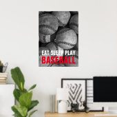 Eet Slaap Spelen Honkbal Zwart & Wit Poster (Thuiskantoor)