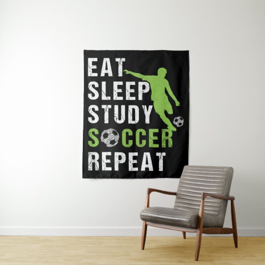 Eet Slaap Studie Voetbal Herhaal Jongen Voetballer Wandkleed (In situ)