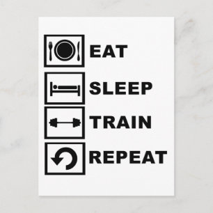 Eet, slaap, trein, herhaling. briefkaart