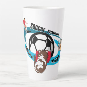 Eet, slaap, voetbal, herhaal. cartoon voetbal latte mok