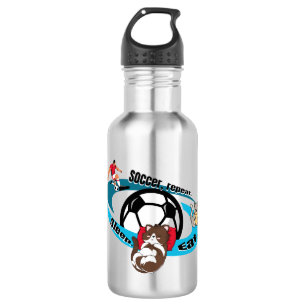 Eet, slaap, voetbal, herhaal. cartoon voetbal waterfles 