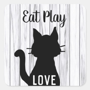Eet Speel Aai Zwarte Kat Silhouet op Rustiek Hout Vierkante Sticker