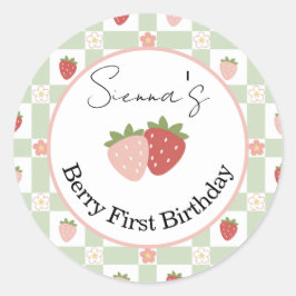 Eetbaar Aardbei Gingham 1e Verjaardag Favor Ronde Sticker