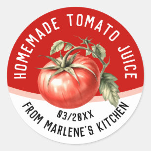 Eetbaar zelfgemaakt tomatensap met rode tomaat ronde sticker