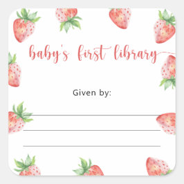 Eetbare aardbei baby shower boekplaat, boeken voor vierkante sticker