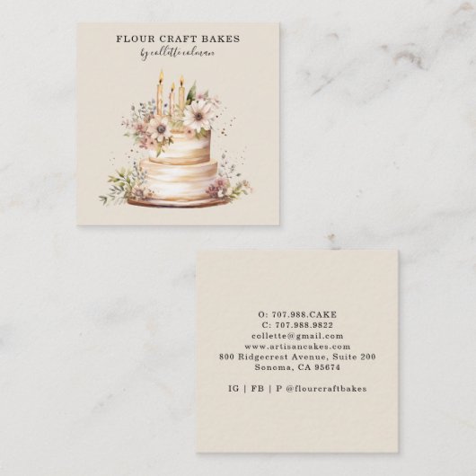Eetbare bloemencake bakker banketbakker bakkerij vierkante visitekaartje (Voorkant / Achterkant)