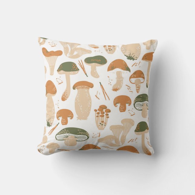 Eetbare paddenstoelen Linocut  Patroon Kussen (Voorkant)