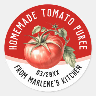 Eetbare zelfgemaakte tomatenpuree met rode tomaat ronde sticker