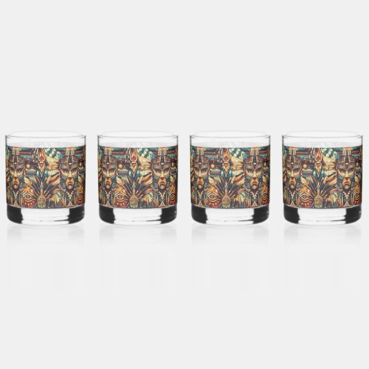 Eetherisch Blauw "Meso-Amerikaans Motief" 12oz Roc Whisky Glas (Voorkant)