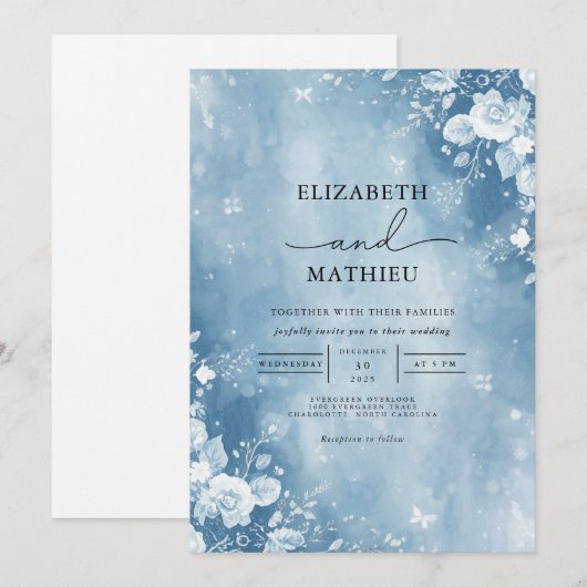 Eetherische blauwe bloemen vorst bruiloft kaart (Voorkant / Achterkant)