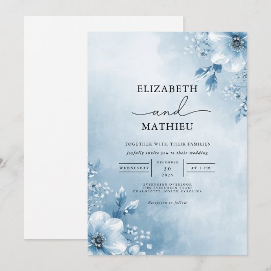 Eetherische blauwe bloesem bloemenbruiloft kaart (Voorkant / Achterkant)