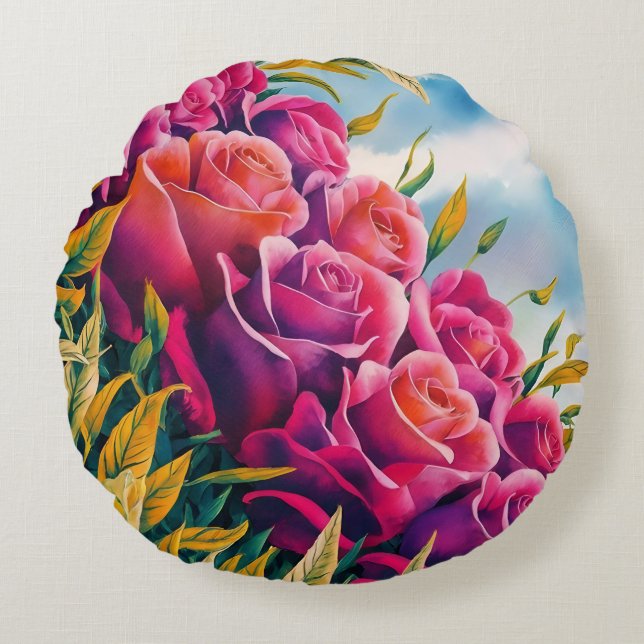 Eetherische bloei: Abstracte Waterverf Roos Symfon Rond Kussen (Voorkant)