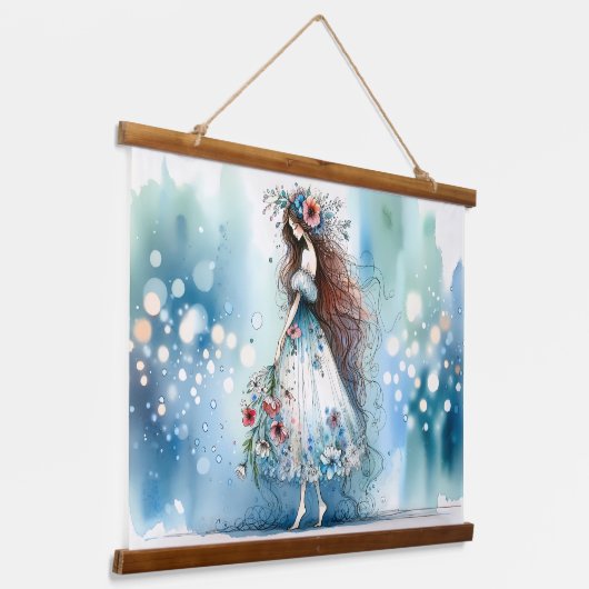 Eetherische bloemenfee in Waterverf Dreamscape Hangend Wandkleed (Gebogen)