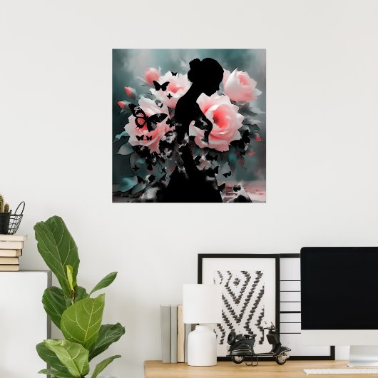 Eetherische kunst Ballerina & vlinders zwart/roze Poster (Thuiskantoor)