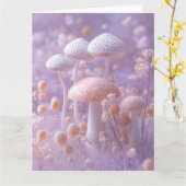 Eetherische pluche paddenstoel tuin, zachte pastel kaart (Gele Bloem)