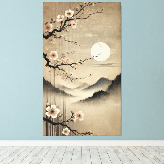 Eetherische Sakura Moon - Wabi-Sabi Japanse kunst Canvas Afdruk (Insitu (Houten vloer))