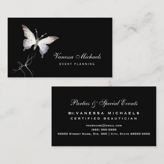 Eetherische Sparkle Butterfly Elegante Event Plann Visitekaartje (Voorkant / Achterkant)