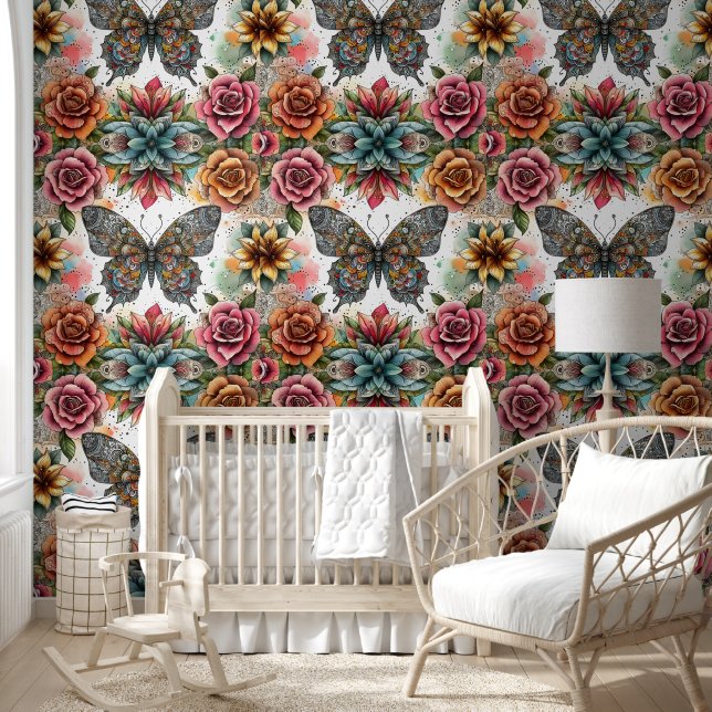 Eetherische vlinder en bloemenharmonie behang (Kinderen)