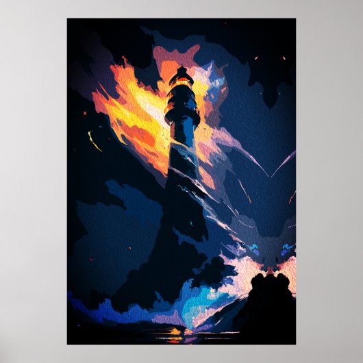 Eetherische vuurtoren - dramatisch zeegezicht poster (Voorkant)