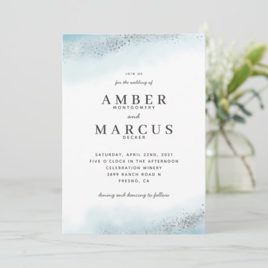 Eetherische zilveren glitter blauwe bruiloft kaart (Staand voorkant)