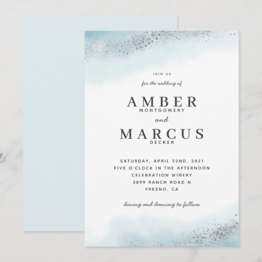 Eetherische zilveren glitter blauwe bruiloft kaart (Voorkant / Achterkant)
