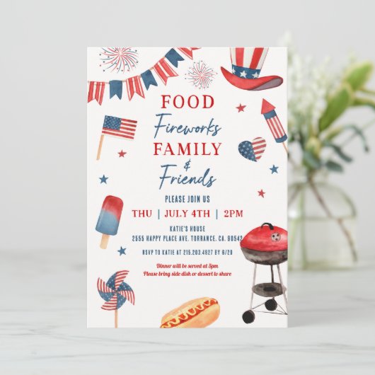 Eetwaar Vuurwerk Familie en Vrienden 4 juli BBQ Kaart (Staand voorkant)
