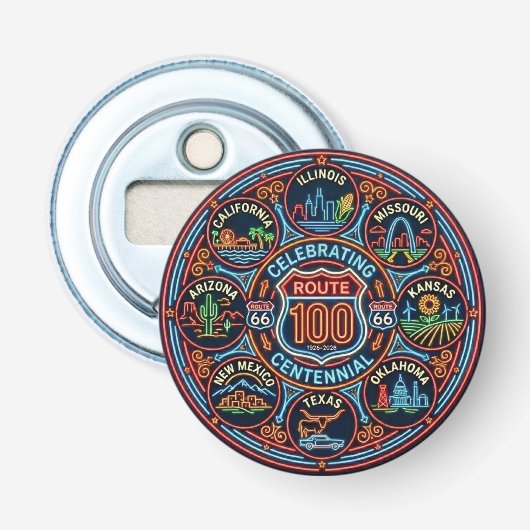 Eeuwfeest Route 66 Neon Glow Button Flesopener (Voorkant)