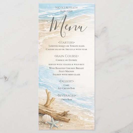 Eeuwige Getijden Kust Aquarel Strand Bruiloft Menu (Voorkant)