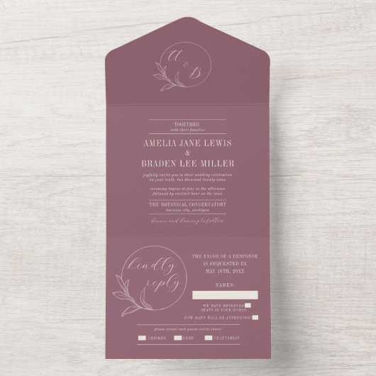 eeuwige liefde | Deep Mauve krans bruiloft All In One Uitnodiging (Binnen)