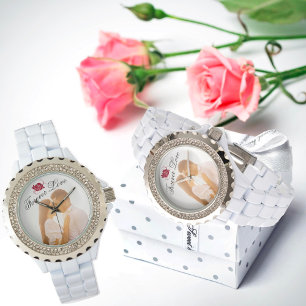 Eeuwige Liefde Rode Roos Elegante Witte Rijnsteen Horloge