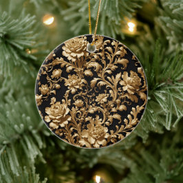 Eeuwige weelde: Zwart en Goud Barok Bloemen Keramisch Ornament