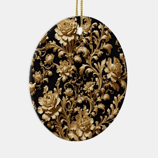 Eeuwige weelde: Zwart en Goud Barok Bloemen Keramisch Ornament (Rechts)