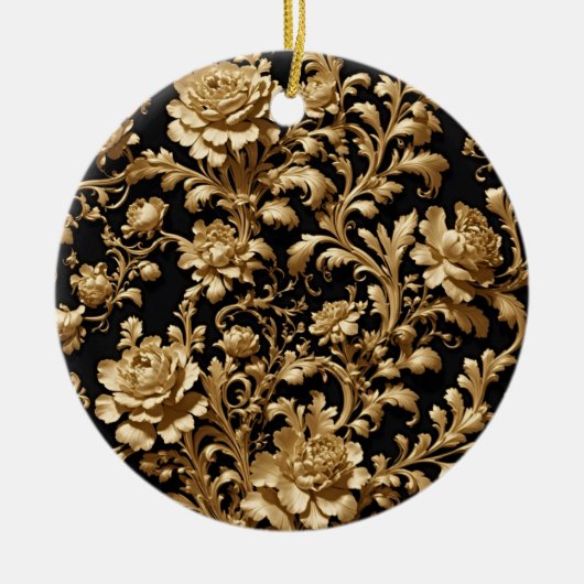 Eeuwige weelde: Zwart en Goud Barok Bloemen Keramisch Ornament (Voorkant)