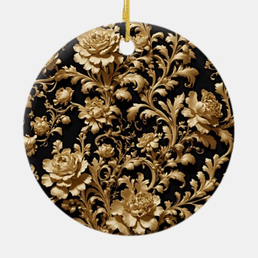 Eeuwige weelde: Zwart en Goud Barok Bloemen Keramisch Ornament (Achterkant)