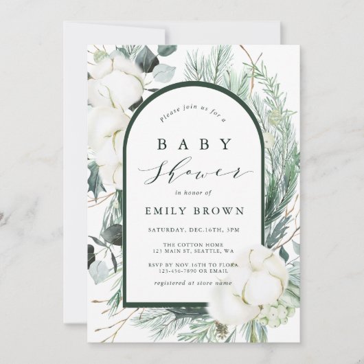 Eeuwiggroene en katoenbloemen Boog Baby Shower Kaart (Voorkant)