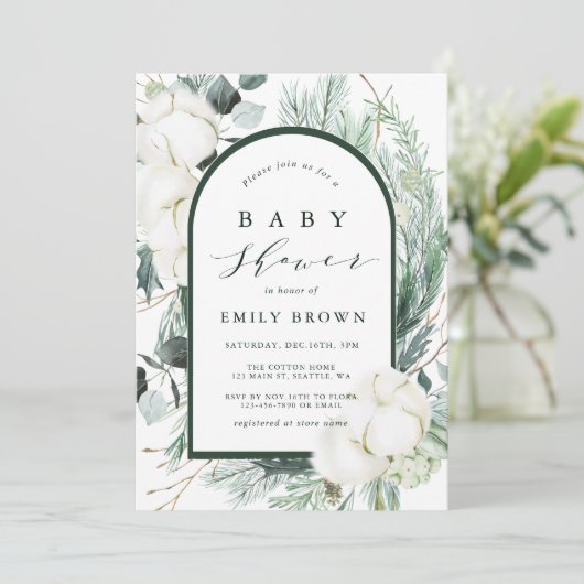Eeuwiggroene en katoenbloemen Boog Baby Shower Kaart (Staand voorkant)