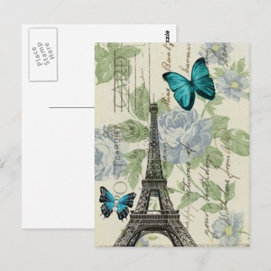 Effeltower van de landblauwe vlinderparijs briefkaart (Voorkant / Achterkant)