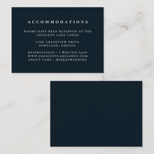 Effen kleur Navy Blue Bruiloft Accommodaties Informatiekaartje (Voorkant / Achterkant)