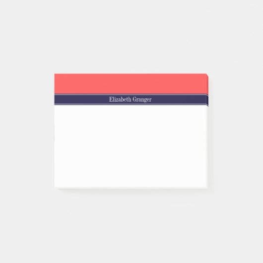 Effen koraalrode, marineblauwe lint naammonogram post-it® notes (Voorkant)