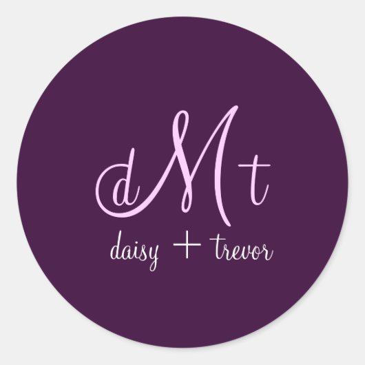 Effen pruim + paarse monogramstickers ronde sticker (Voorkant)