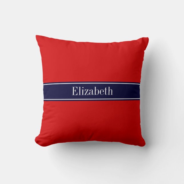 Effen Rood, Navy Blauwe Lint Naam Monogram Kussen (Voorkant)