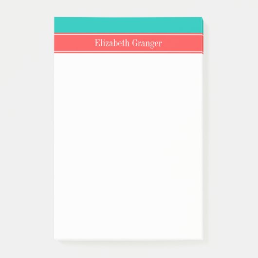 Effen Turkoois, Koraalrood Lint Naam Monogram Post-it® Notes (Voorkant)
