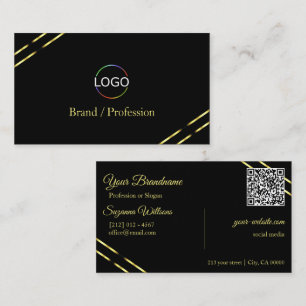 Effen zwart met gouden lijnen logo en QR-code Visitekaartje