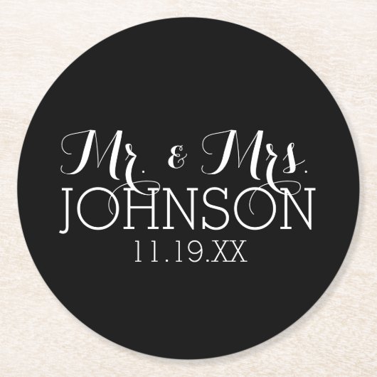 Effen zwarte huwstfeestgeschenken voor Mr & Mrs Ronde Kartonnen Onderzetter (Voorkant)