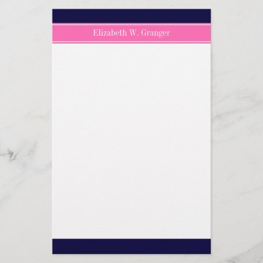 Effene marineblauwe Hot Pink #2 lint naam monogram Briefpapier (Voorkant)