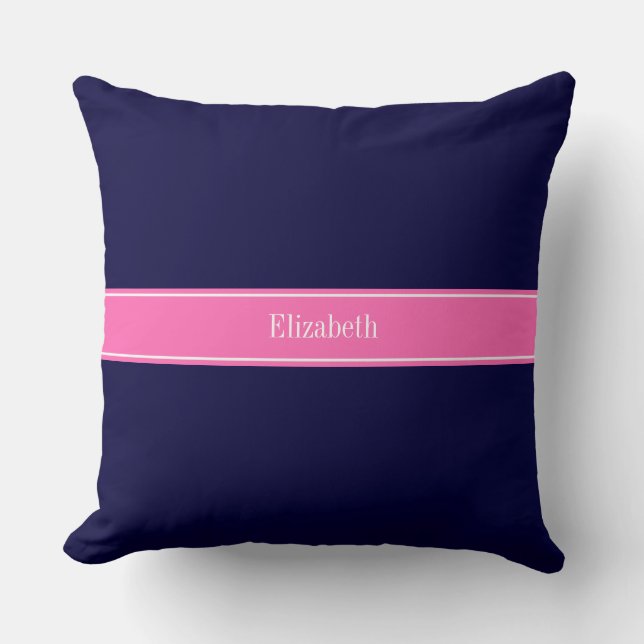 Effene Navy Blauwe Hot Pink #2 Lint Naam Monogram Kussen (Voorkant)