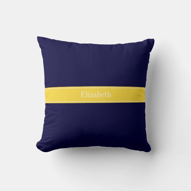 Effennauw Zeeblauw, Ananas Lint Naam Monogram Kussen (Voorkant)