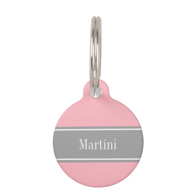 Efficiënt Roze, Donkergrijze Lint Naam Monogram Huisdierpenning (Voorkant)