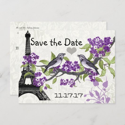 Effiel Tower  Love Bird Save the Date Aankondigingskaart (Voorkant / Achterkant)